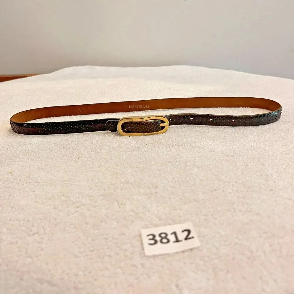 Vtg Reptile Veritable Belt Brown Snakeskin Skinny Leather Gold Plate Buckle 1/2" - Picture 2 of 12